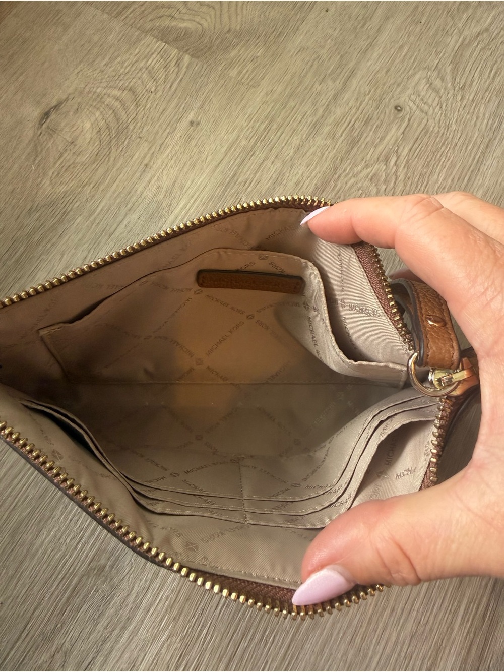Michael Kors Jet Set Beige Canvas MK Logo Wristlet with Brown Trim - Picture 5 of 5